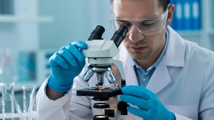 Male scientist analyzing sample under microscope, performing research for cancer cause and treatment in a laboratory, footage. - Powered by Adobe