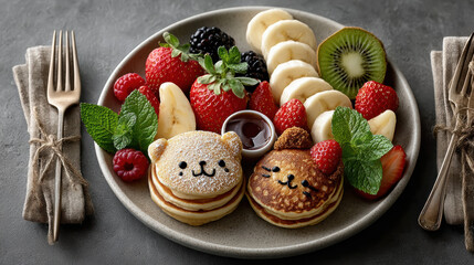 Cute animal-shaped pancakes with fresh fruit and mint on a plate, kids funny food