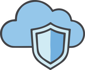 Fototapeta premium Cloud security icon featuring shield on blue background in flat design