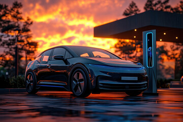 Sleek electric car charging at sunset with vibrant sky and modern station design