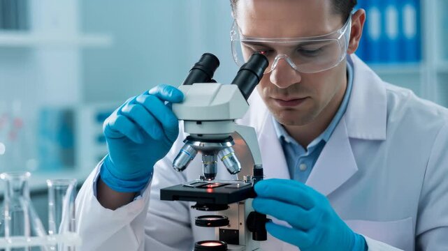 Male scientist analyzing sample under microscope, performing research for cancer cause and treatment in a laboratory, footage.