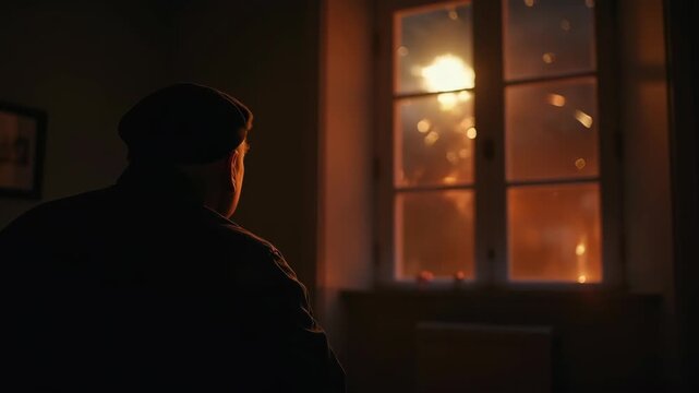 Veteran flinching at fireworks reflection in window, dim living room
