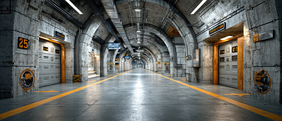 Underground concrete tunnel with industrial lighting and numbered steel doors creating a futuristic and symmetrical perspective