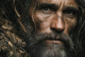 Weathered bearded man with intense look in natural light, portrait of caveman