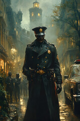 Mysterious figure in police uniform walking down dark foggy street at Halloween night, vertical view of spooky dead officer