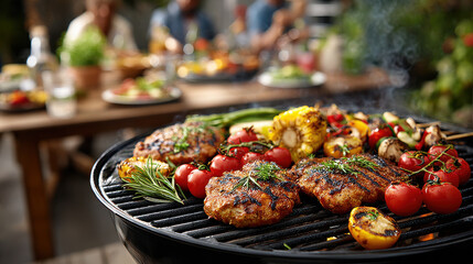 Barbecue grill with delicious meat and vegetables at outdoor gathering with friends