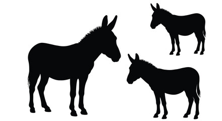 Simple black silhouettes of three donkeys in a minimalist style