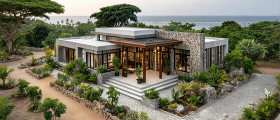 Modern tropical house with stone facade surrounded by lush greenery near ocean