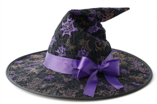 Festive witch hat with purple ribbon and spiderweb pattern a charming accessory for Halloween costumes and decorations isolated on white