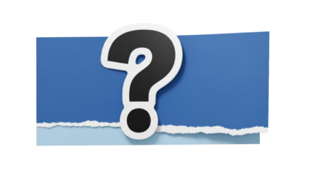 A black question mark symbol on white base layered over a torn blue textured paper shape, sticker aesthetic, cartoon scrapbook style, isolated element, soft light shadow