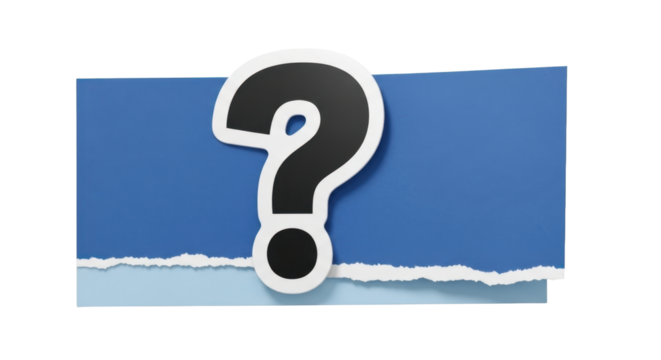 A black question mark symbol on white base layered over a torn blue textured paper shape, sticker aesthetic, cartoon scrapbook style, isolated element, soft light shadow