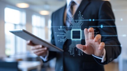 Businessman interacting with digital chip interface while holding a tablet device in office space