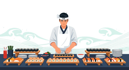 Sushi Chef Expertly Crafting A Delicious Japanese Gourmet Meal Table Setting Presentation