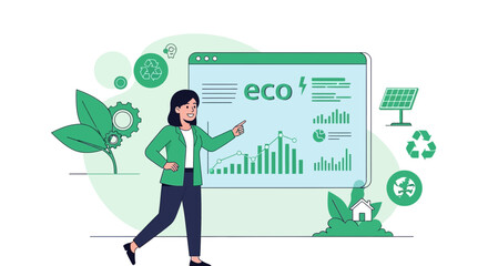 Sustainable energy presentation: business woman shows ecological and green energy graphs