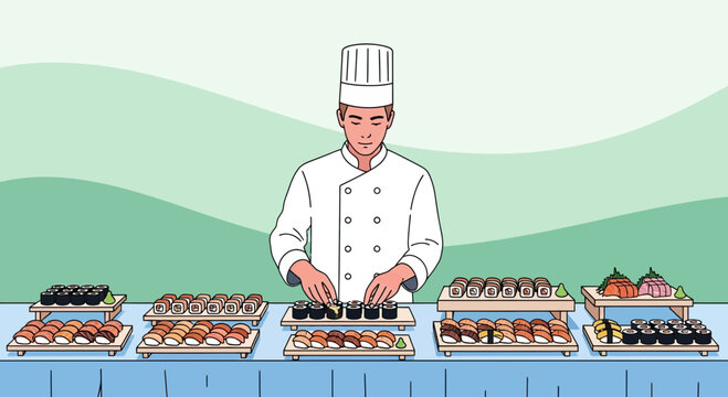 Sushi Chef At Work, Preparing Delicious Japanese Cuisine Displayed For Everyone