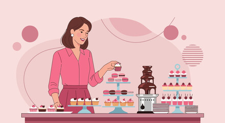 Sweet Cupcake Selection with Smiling Woman and Chocolate Fountain Dessert Display