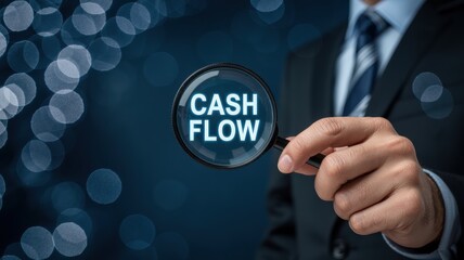 Businessman holding magnifying glass focusing on cash flow in a financial analysis concept