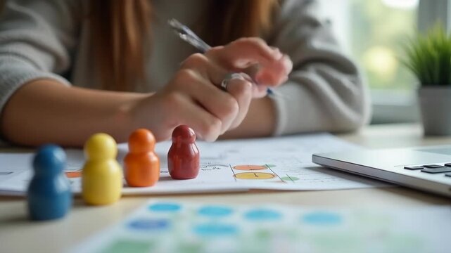 Adult arranging objects by color and size on desk, calm focus
