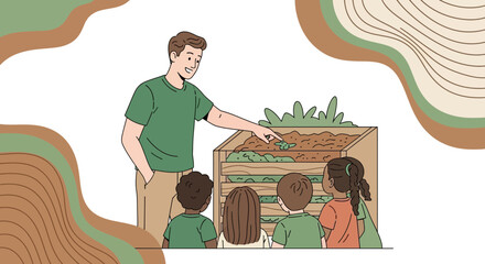 Teacher Shows Children Compost Bin: Educational Gardening Lesson About Sustainability and Learning