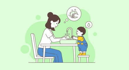 Teaching Hygiene: A Mother And Child Washing Hands Together In A Clean Environment