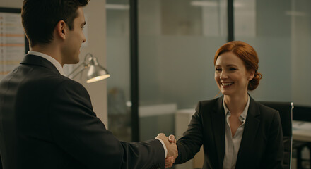 interview situation business professionals shaking hands office agreement