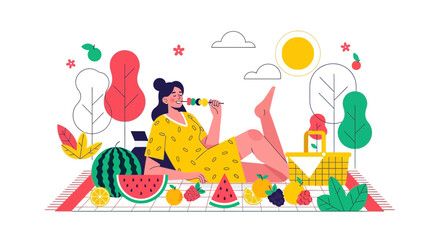 Fototapeta premium Summer Picnic Bliss: Woman Enjoying Refreshing Fruits on a Sunny Day Outdoors