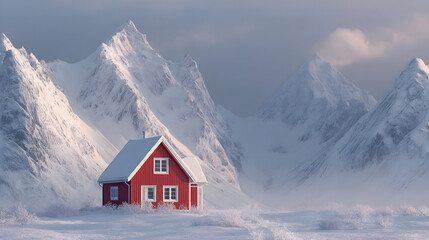 Bright red chalet in a serene snowy mountain landscape for winter retreat concepts