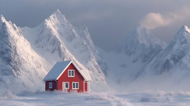 Bright red chalet in a serene snowy mountain landscape for winter retreat concepts