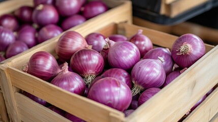 Fresh red onions displayed in wooden crates at a local market