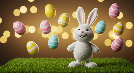 Festive Bunny with Ornate Eggs Against Bokeh Lights, Whimsical Illustration, Springtime Fun, Holiday Celebration, Bright Colors and Playful Character