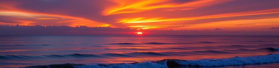 Fototapeta premium Fiery sunset paints the ocean sky with vibrant oranges, pinks, and purples, reflecting on calm water, sea, coastal
