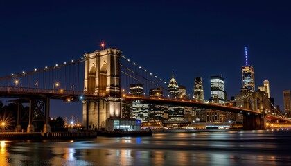 Fototapeta premium Iconic Brooklyn Bridge illuminated at night, majestic cables and towers silhouetted against a dark sky, city lights twinkling in the background, night photography, scene, gothic