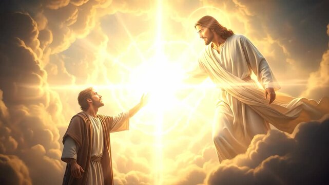 Man reaching out to Jesus in a spiritual encounter on celestial clouds with bright light, religious footage