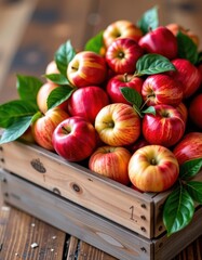 Rustic wooden box overflowing with a bountiful harvest of crisp, red apples; perfect autumn farm table centerpiece, nature, vibrant, apples in box