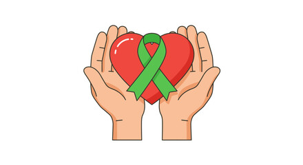 Supportive hands holding a heart with a green ribbon, symbolizing hope and awareness for mental health and organ donation advocacy, showing care and empathy