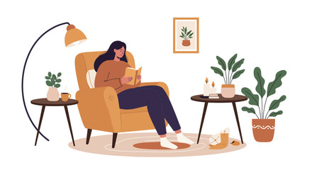 Cozy reading nook inspires mindful moments, woman relaxing with a book in armchair, indoor plants and soft lighting creates a serene atmosphere