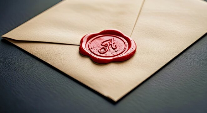 Official Red Wax Seal on a Kraft Paper Envelope on a Dark Textured Surface