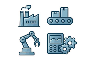 Industrial automation icons representing modern manufacturing processes in a sleek digital design