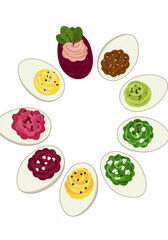 Colorful deviled eggs arranged in circle on white background  