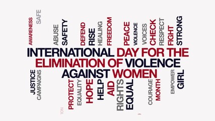 International Day for the Elimination of Violence Against Women concept Animated Tag Word Cloud kinetic typography, Text Design Animation typography seamless loop video Intro red black blue grey type 