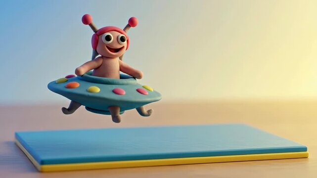Claymation alien in flying saucer with colorful lights hovering over a blue platform, stop motion animation
