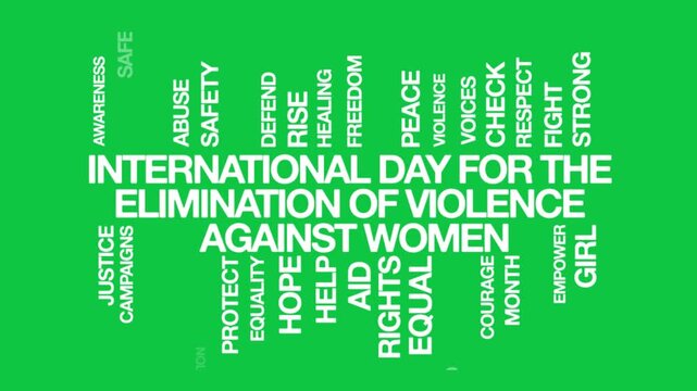 International Day for the Elimination of Violence Against Women concept Animated Tag Word Cloud kinetic typography, Text Design Animation typography seamless loop video Intro green screen backdrop bac