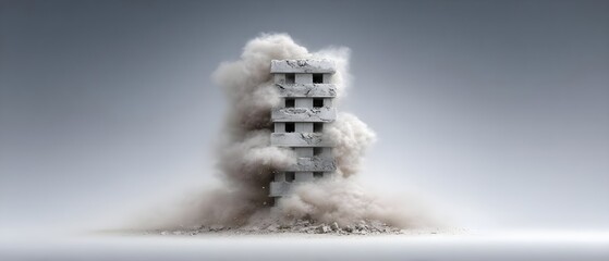 Collapsing building surrounded by dust and debris
