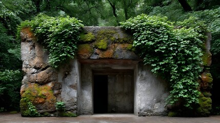 Overgrown stone structure hidden in lush greenery