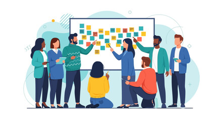 Fototapeta premium Team brainstorming session with sticky notes on a board and a diverse group