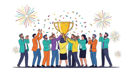 Team Celebration Winning Trophy Concept Illustration With Fireworks And Confetti Details
