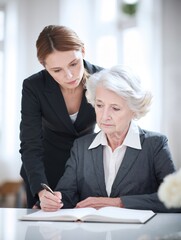 Senior woman signing a legal document with assistance from a lawyer. Financial advisor helping an elderly client with a will or contract. Estate planning and consultation concept
