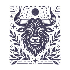 Esoteric Taurus Zodiac Sign, Black and White Tattoo Style Astrology Line Art and Silhouette