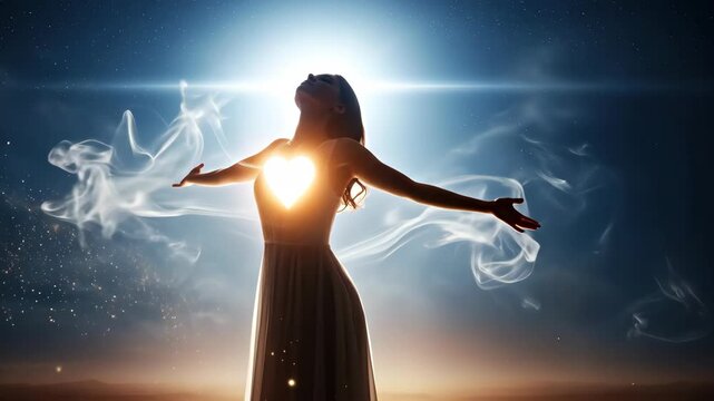 Woman experiencing divine love and freedom, with a glowing heart and flowing smoky particles under a starry sky, spiritual journey video.