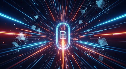 Abstract digital data stream with glowing neon oval icon representing information storage and technology